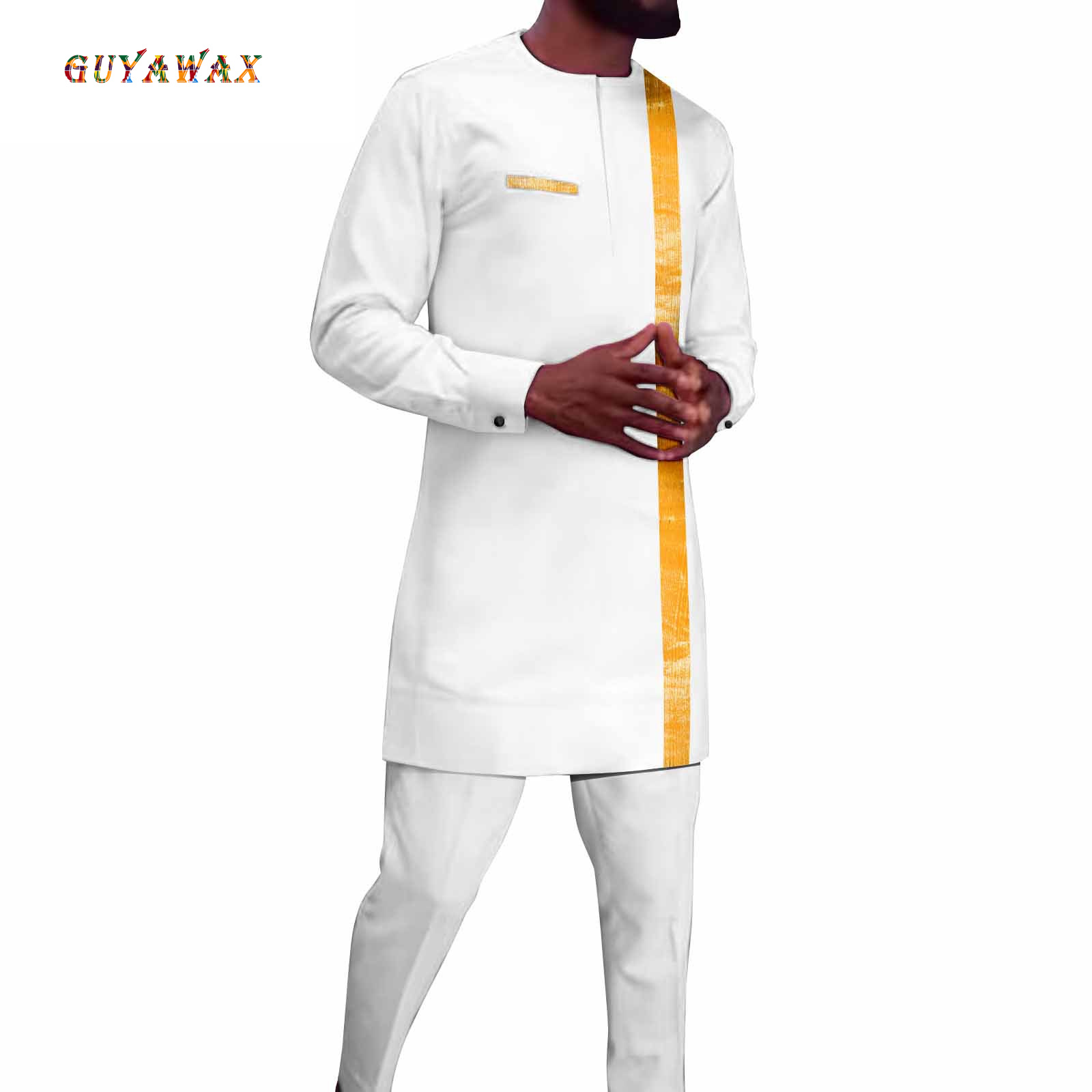Men Formal Party Wear Shirt - ชุดเสื้อผ้าแอฟริกันสำหรับผู้ชาย เสื้อปักลายและกางเกงขายาว ชุด 2 ชิ้น แขนยาว