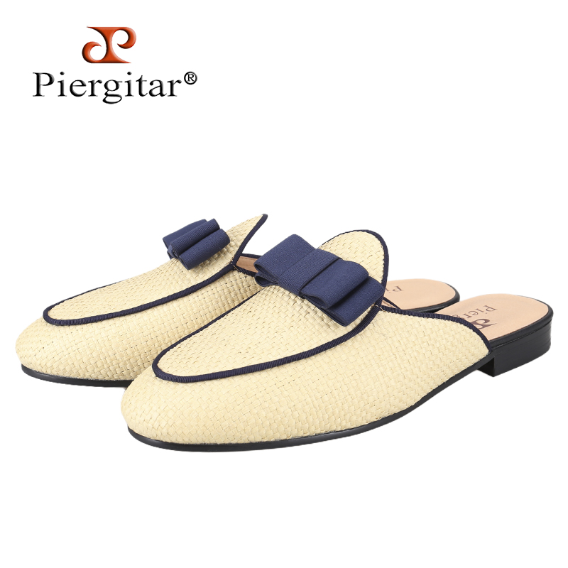 Men'S Formal Wear Slippers - Piergitar ฤดูร้อนสไตล์ผู้ชาย Mule ในงาช้างทอหวายหญ้า Handmade Bowtie