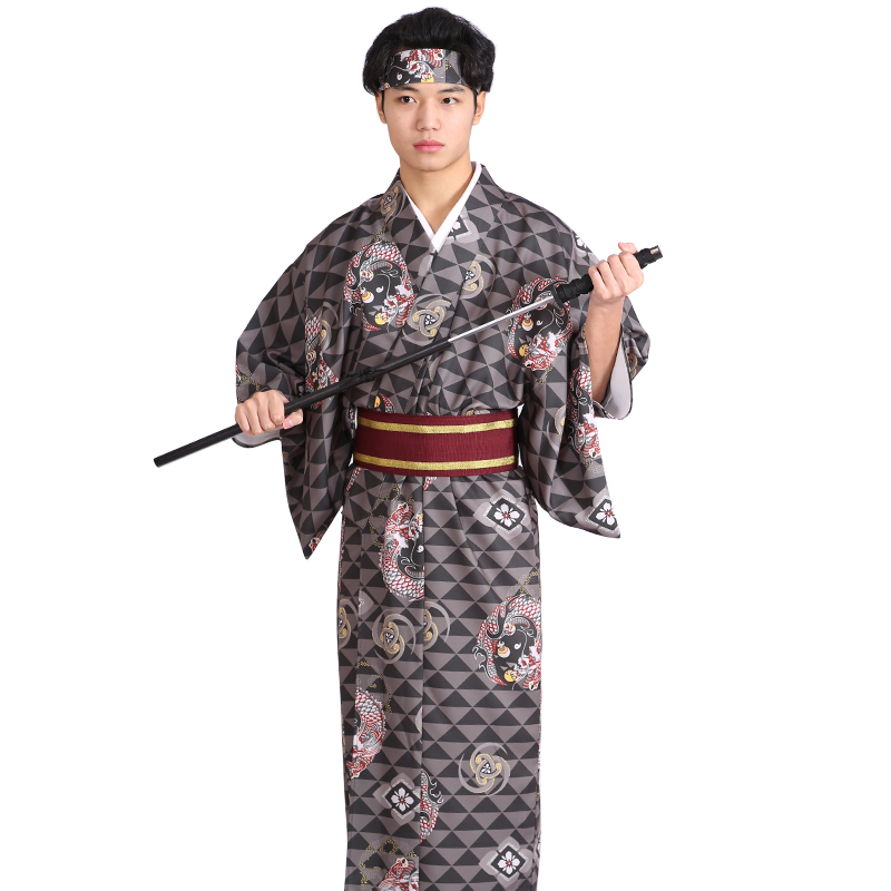 Men'S Formal Ethnic Wear - ชุดกิโมโนดีไซน์ใหม่สไตล์เอเชียสำหรับผู้ชาย ชุดสูทสุภาพบุรุษแบบญี่ปุ่น ชุดกิโมโนแบบดั้งเดิม+เข็มขัด ทำจากผ้าโพลีเอสเตอร์