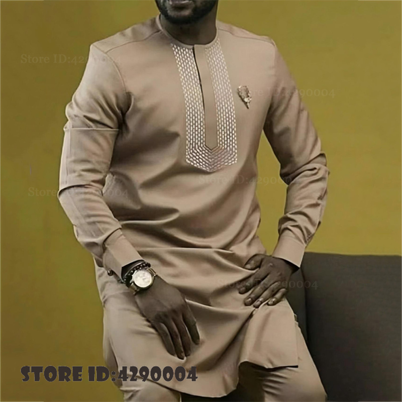 Men'S Formal Ethnic Wear - ชุดเสื้อผ้าผู้ชายแบบดั้งเดิมของแอฟริกัน เสื้อแขนยาว กางเกงขายาว ชุด 2 ชิ้น