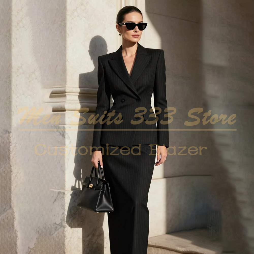 Men Formal Wear All Black - ชุดสูทผู้หญิงลายทางสีดำดีไซน์เนอร์ ทรงเข้ารูป กระดุมสองแถว ปกแหลม แจ็คเก็ต 2