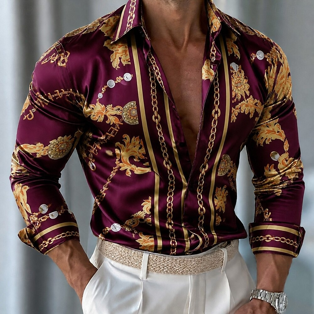 Men Formal Party Wear Shirt - เสื้อเชิ้ตผ้าซาตินลายดอกไม้สำหรับผู้ชาย เสื้อเชิ้ตทางการ แขนยาว แฟชั่นลำลอง เหมาะสำหรับวันหยุด งานปาร์ตี้