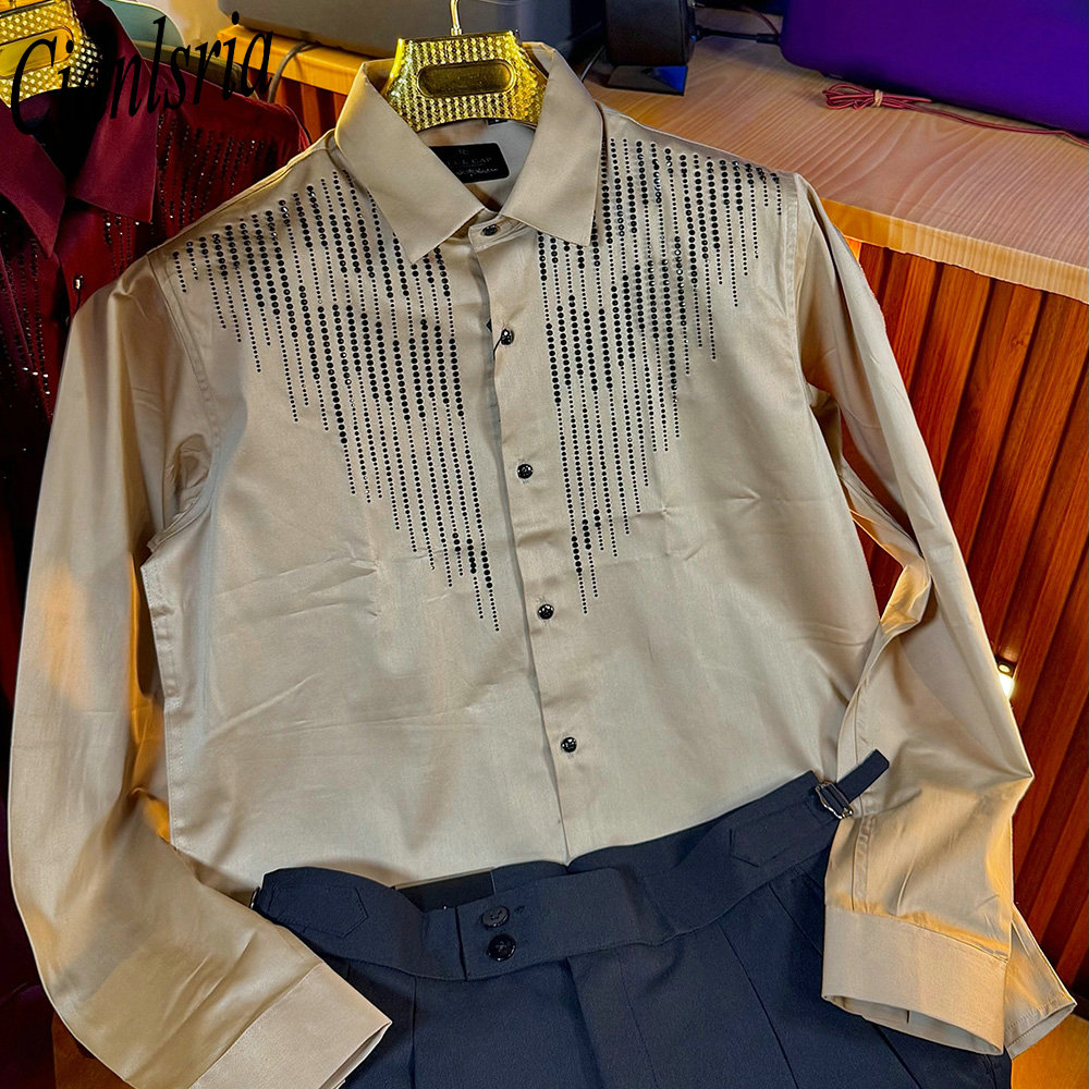 Men Formal Party Wear Shirt - เสื้อเชิ้ตผู้ชายหรูหรา ประดับเพชรเทียมแนวตั้ง แขนยาว คอปก ติดกระดุม สำหรับงานเลี้ยง