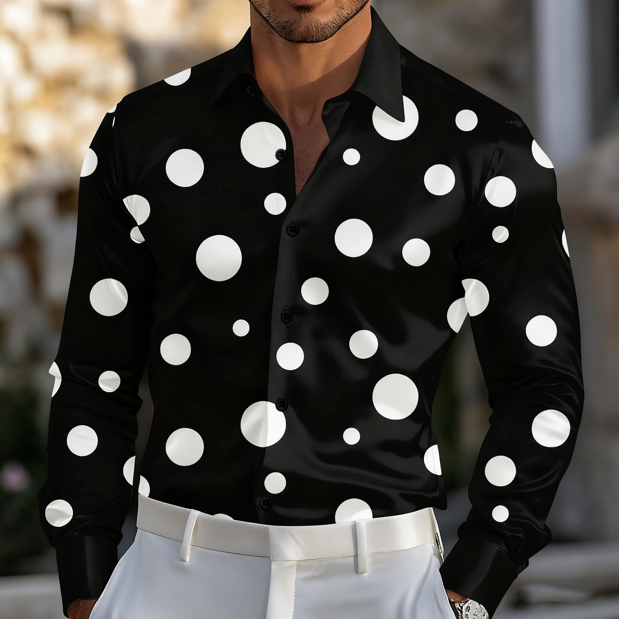 Men Formal Party Wear Shirt - เสื้อเชิ้ตผู้ชายลายจุดเรขาคณิต เสื้อเชิ้ตทรงทางการ แขนยาว แฟชั่นลำลอง ใส่เที่ยวพักผ่อน ฤดูร้อน