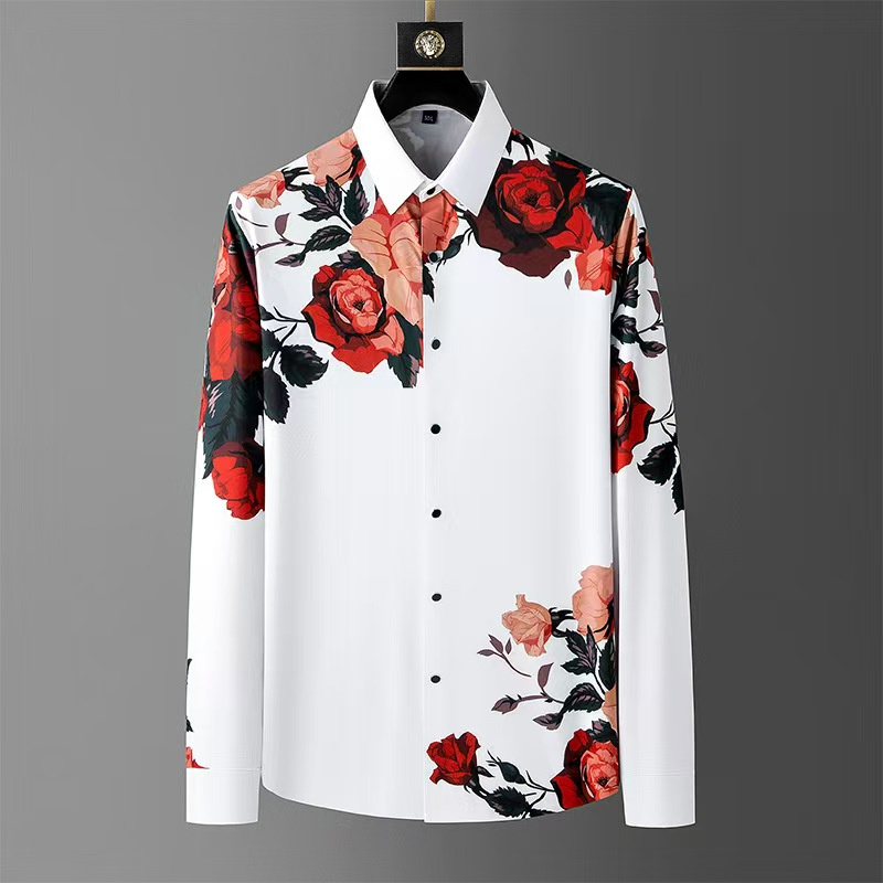 Men Formal Party Wear Shirt - เสื้อแขนยาว Sablon Bunga วินเทจสำหรับผู้ชายหรูหราคอปกพิมพ์ลายแฟชั่นชุดเที่ยวคลับแนวสังคมชุดฤดูใบไม้ผลิ