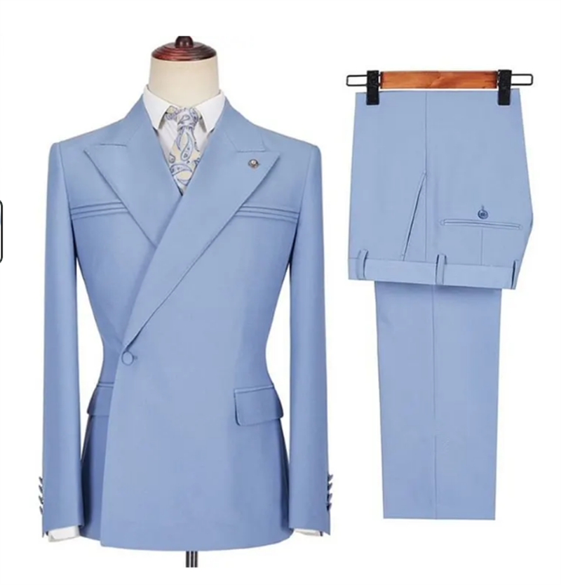 Men Formal Wear Purple - ชุดสูทผู้ชายสีน้ำเงินสไตล์ฤดูใบไม้ร่วง 2 ชิ้น เสื้อเบลเซอร์สีม่วง+กางเกงขายาว ผ้าฝ้าย ตัดเย็บตามสั่ง
