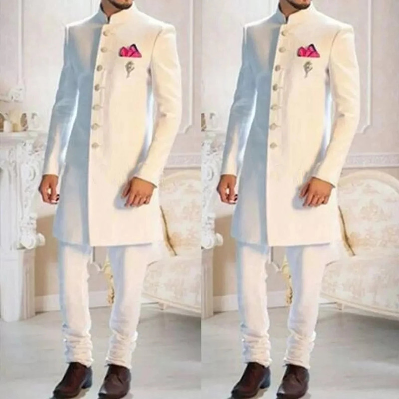 Men'S Formal Ethnic Wear - แฟชั่นสีขาวคอตั้งเดี่ยวอินเดีย Tuxedo เจ้าบ่าวยาวชุดสำหรับผู้ชายงานแต่งงานอย่างเป็นทางการ Slim Fit สวมใส่2pc
