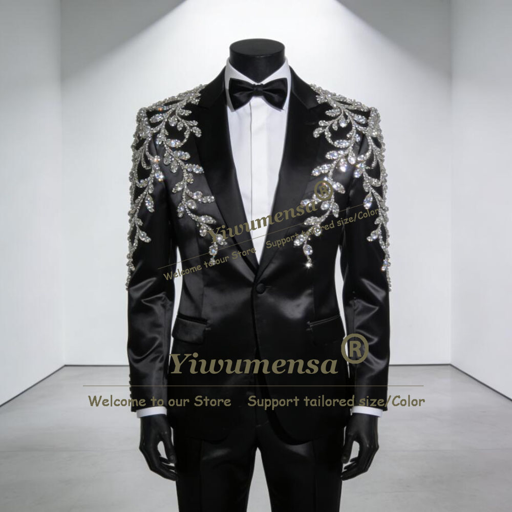 Men Formal Wear Jacket - ชุดทักซิโด้ผู้ชายผ้าซาตินเนื้อดี ชุดทางการ เสื้อเบลเซอร์กระดุมแถวเดียวสำหรับงานพรอม แจ็คเก็ตและกางเกงประดับคริสตัลและเลื่อม สั่งตัดพิเศษ 2