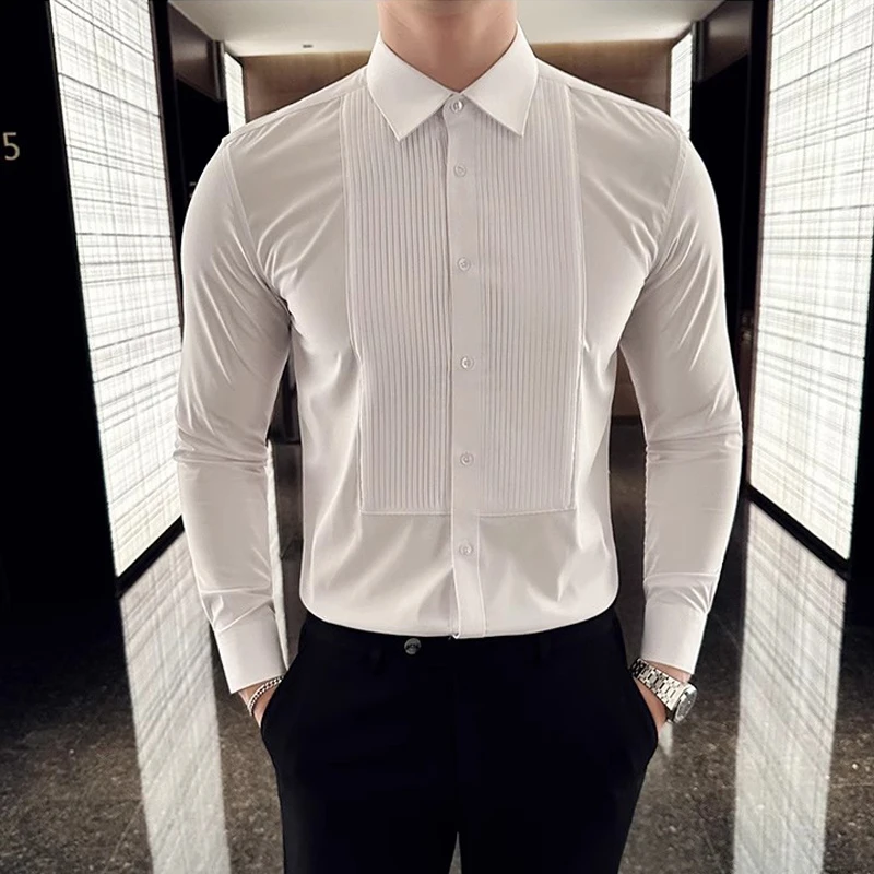 Men Formal Party Wear Shirt - งานแต่งงานสวมใส่แขนยาวผู้ชายเสื้อเกาหลี Patchwork Slim Men เสื้อแฟชั่นแบรนด์ Camisas