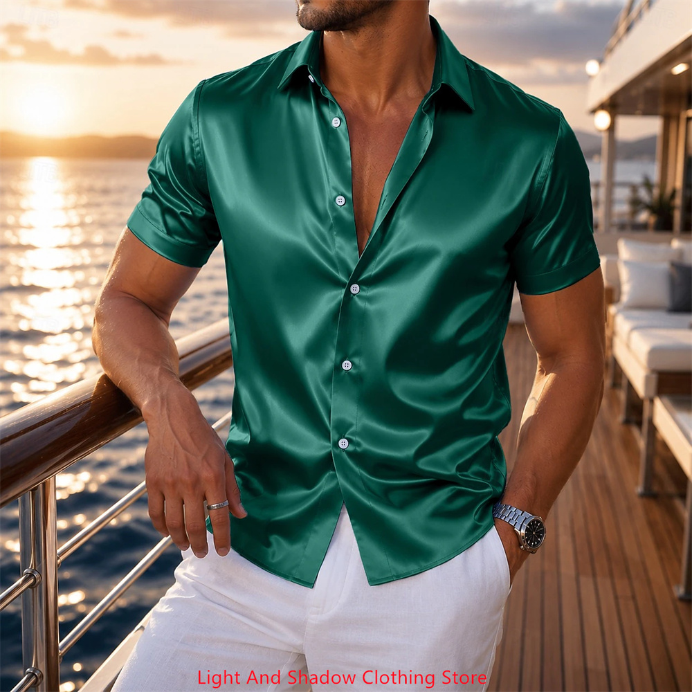 เสื้อเชิ้ตผู้ชายแขนสั้นผ้าซาติ - Men Formal Party Wear Shirt บทวิจารณ์และราคา